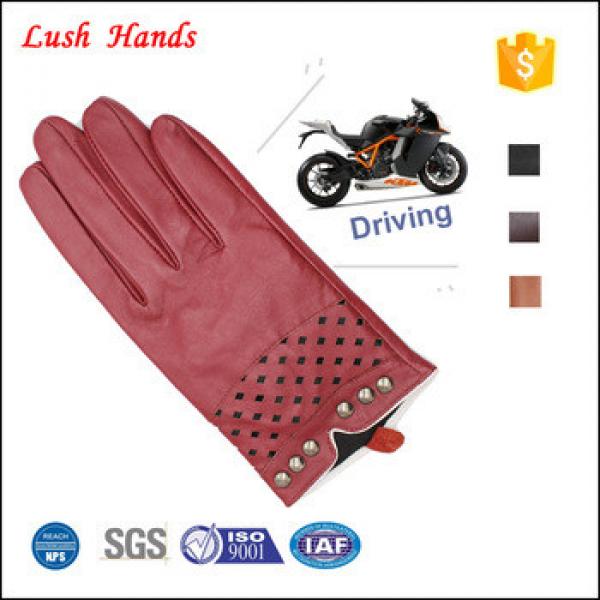 2017 New style ladies red driving leather gloves with breathing hole and rivets of metal #1 image