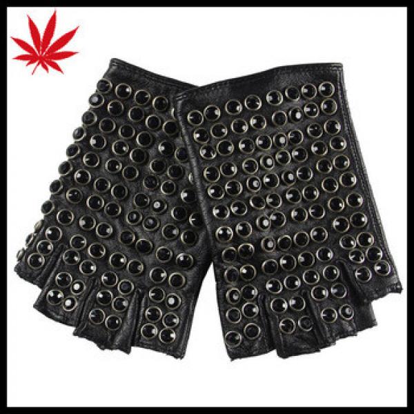 Women&#39;s black fingerless leather driving summer gloves with studs #1 image