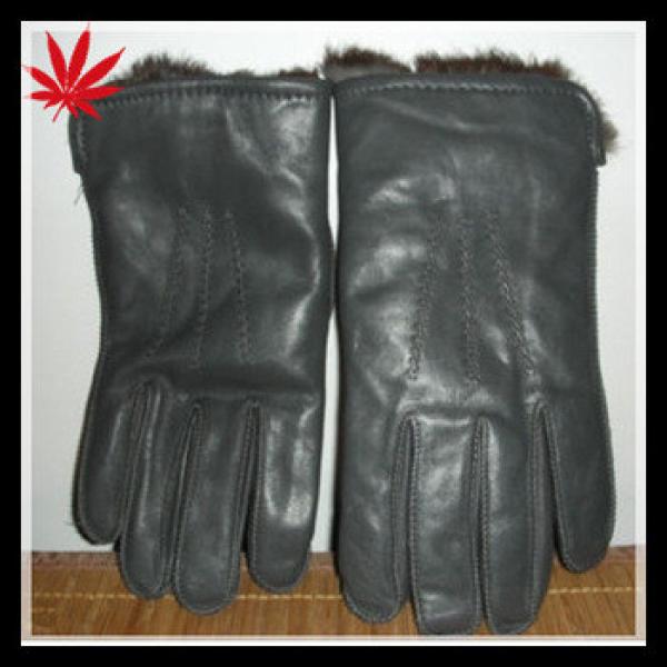 Vintage Mens Dark Gray Leather Gloves With Real Rabbit Fur Lining #1 image