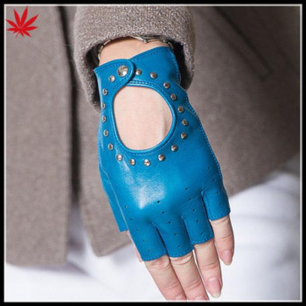 Navy studded fingerless driving leather gloves women #1 image