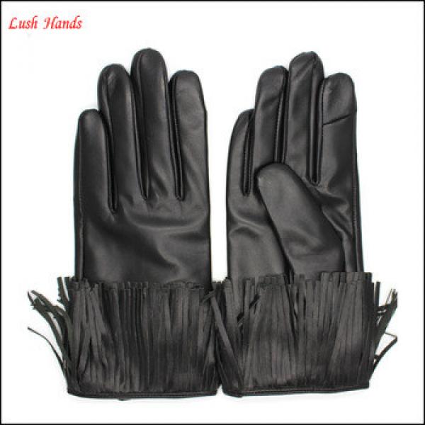 Fashion index finger touch screen black tassels leather gloves women #1 image