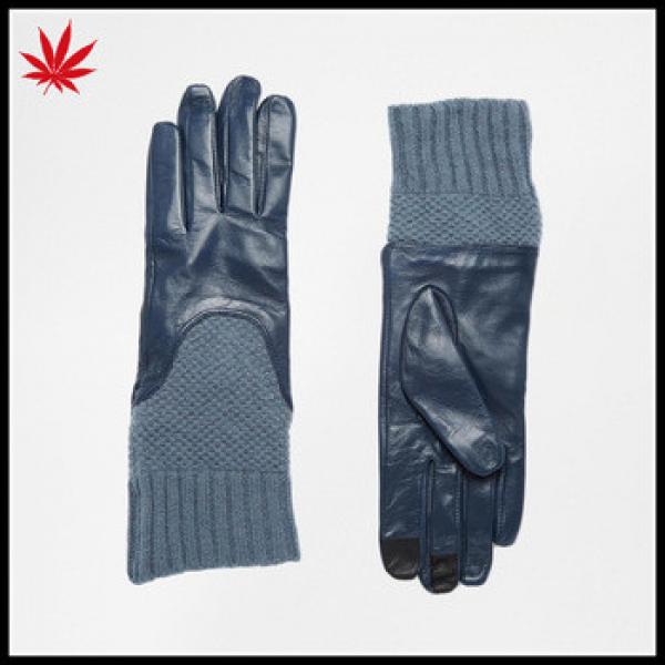 Ladies navy blue leather gloves with long knit cuff touch screen leather gloves #1 image