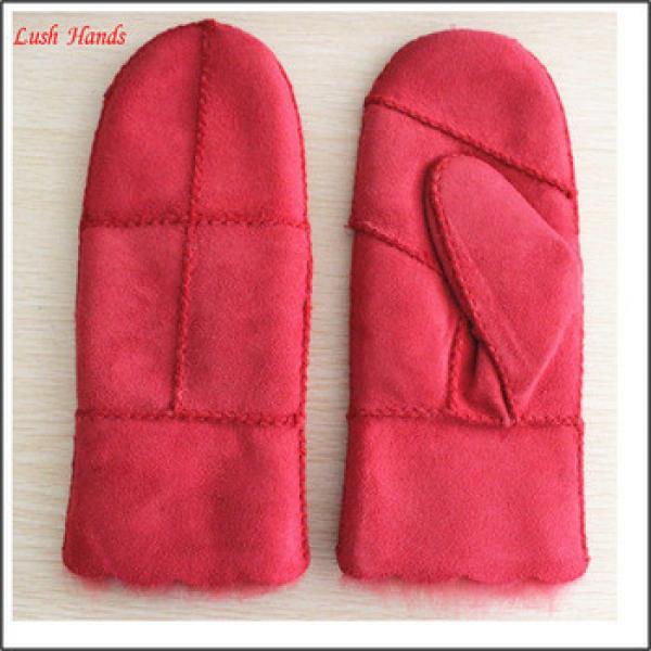 Women Red colour double face mitten leather gloves with visable seam #1 image