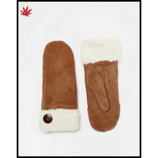 women wholesale brown suede double face mittens with button #1 image