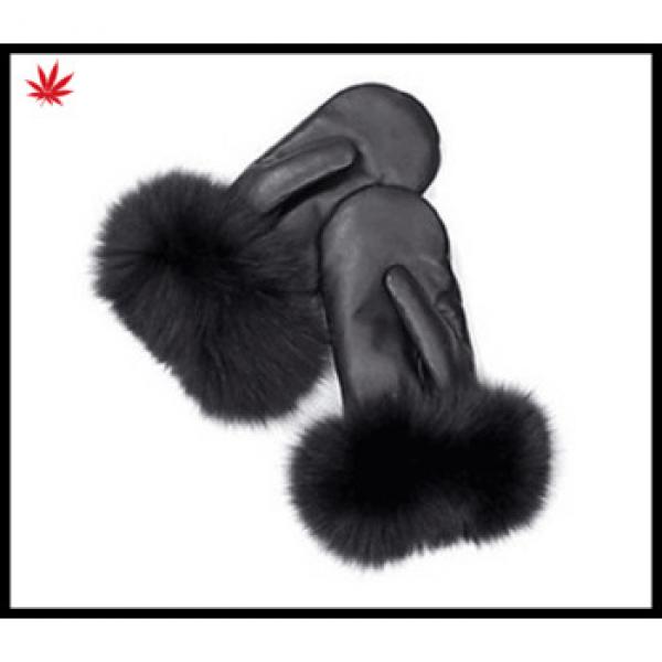 High Quality ladies touchscreen mitten leather gloves with fox fur #1 image