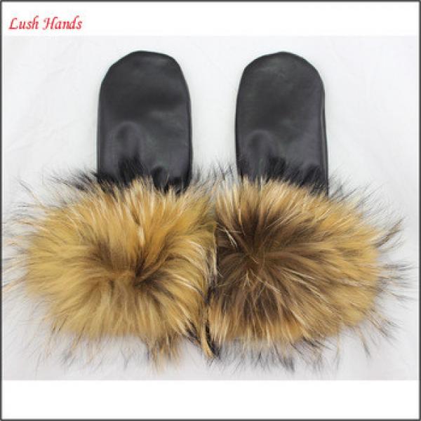 ladies winter sheepskin genuine leather mittens with long fur #1 image