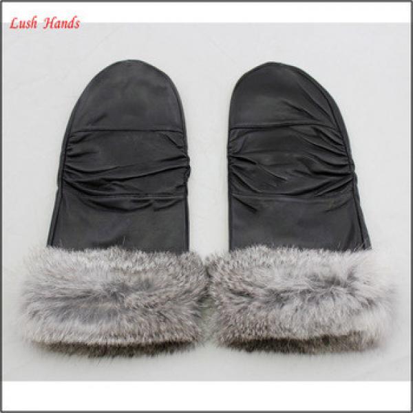 2016 leather mittens gloves sheepskin with grey rabbit fur for women #1 image