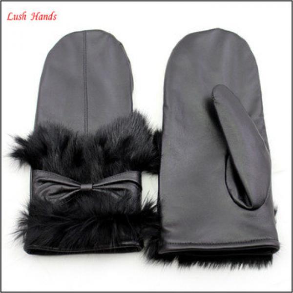 women wearing real rabbit fur warm mitten gloves black leather glove #1 image