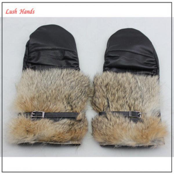 women warm winter rabbit fur genuine leather mittens with belt #1 image