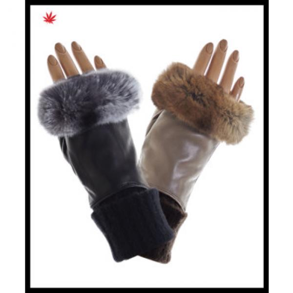 Ladies fingerless rabbit fur genuine leather gloves with knitted cuff #1 image