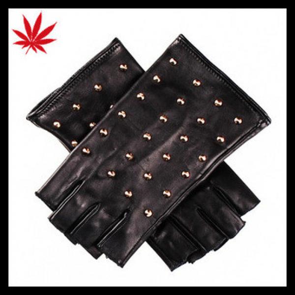 Ladies black fashion fingerless leather gloves with gold studs #1 image