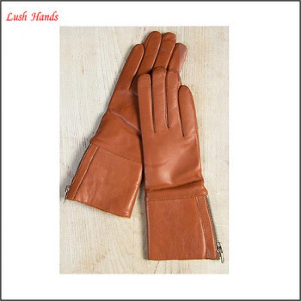 Ladies brown long soft nappa leather gloves with zipper for winter #1 image