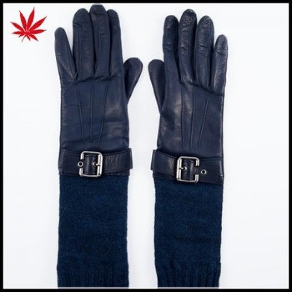 Lady navy blue long leather gloves splice customized knit wool #1 image