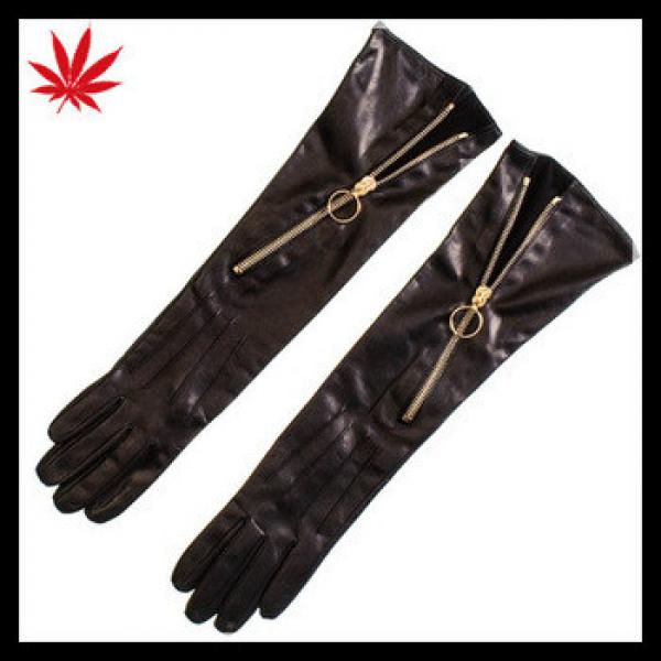Long Black Leather Gloves with Diagonal Zip for women #1 image