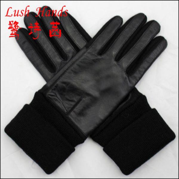 Fashion long lady touch screen Leather and woolen joining together gloves with knit cuff #1 image