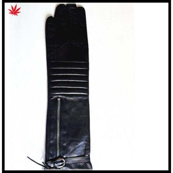 women leather long genuine black leather glove with zipper #1 image