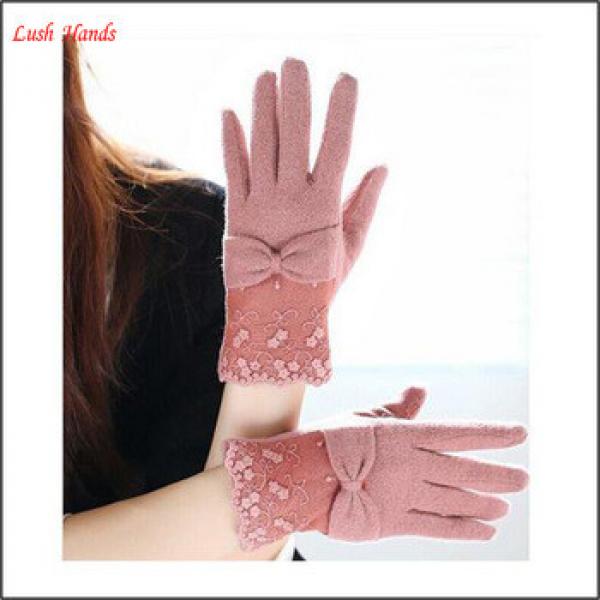 girls fashion sweet warm woolen gloves fashion wool lace gloves with bow #1 image