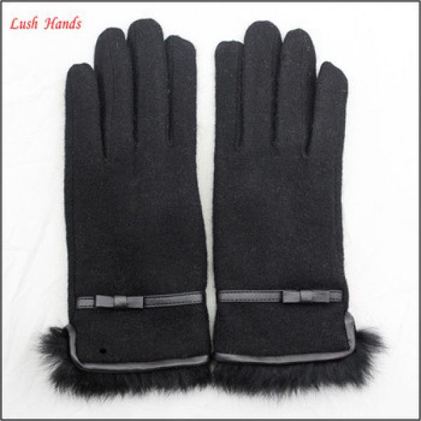 ladies winter cheap black woolen hand gloves with fur #1 image