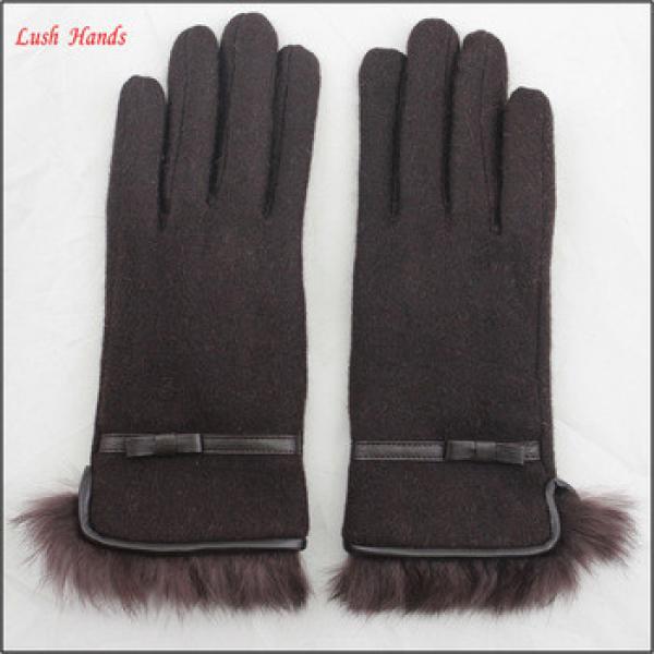 ladies winter warm brown woolen hand gloves with fur #1 image
