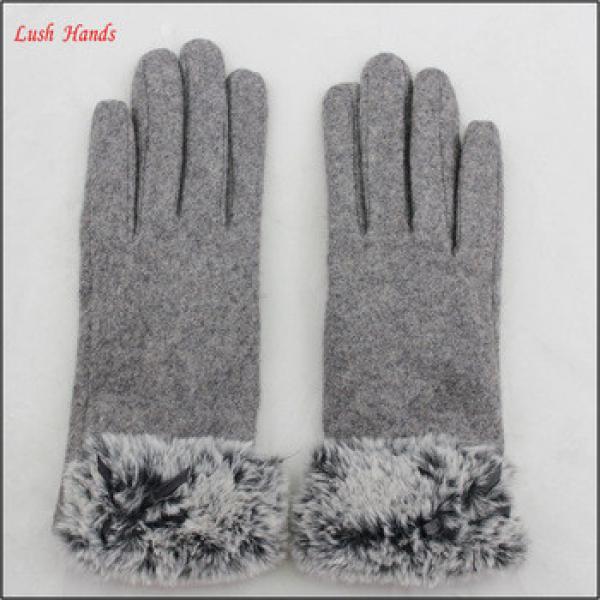 ladies winter warm grey woolen hand gloves with fur #1 image