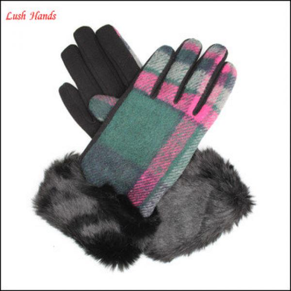 Warm plaid woolen gloves with fur cuff for women #1 image