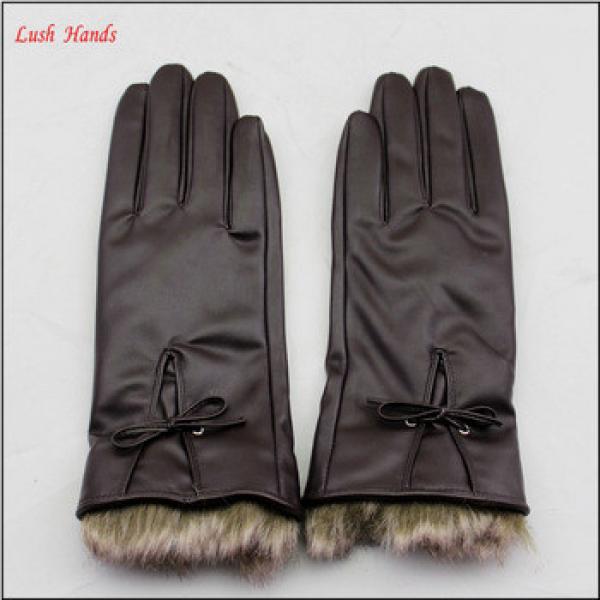 ladies brown pu leather hand gloves with fake fur #1 image