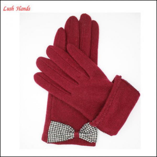 ladies fingered plain spandex velvet gloves with bow #1 image