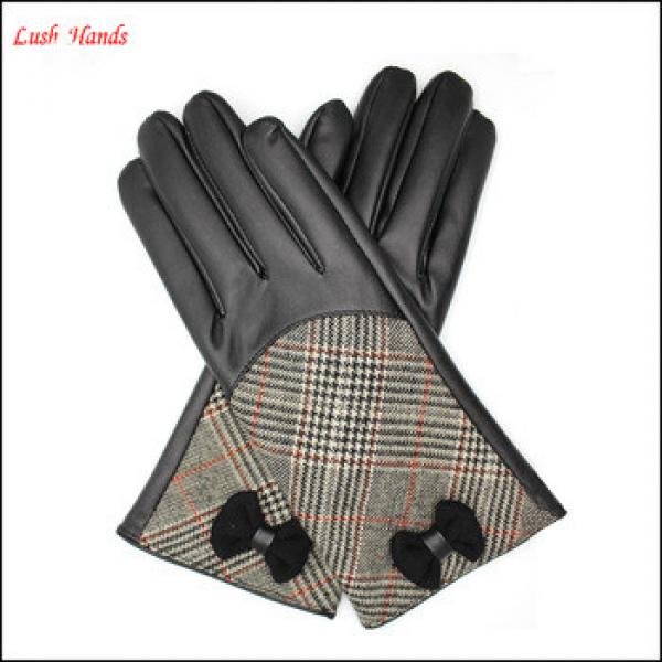 ladies high-quality black leather gloves with checked cloth handback #1 image
