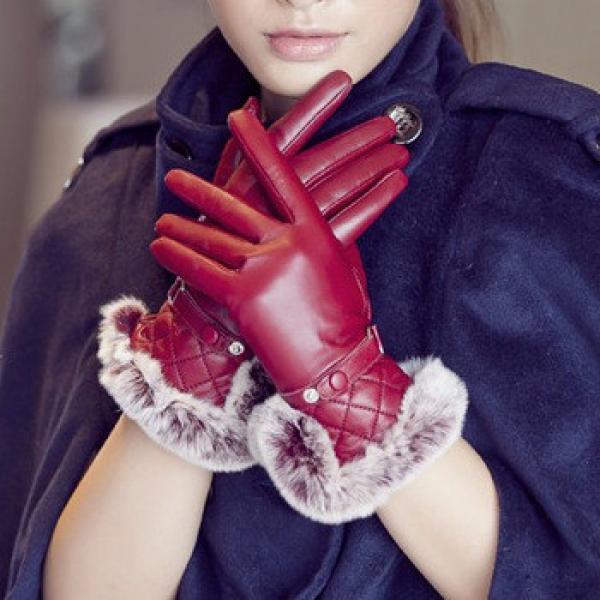 women fashion keep warm leather gloves with rex rabbit fur trim #1 image