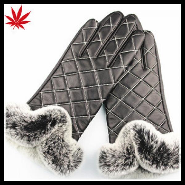 Women fur trim embroidery leather gloves with rex rabbit fur gloves #1 image