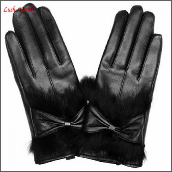 ladie fashion rabbit fur cuff black leather glove with bow #1 image