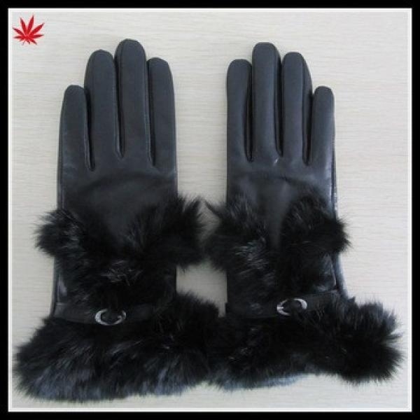 Women black patent leather glove with rabbit fur cuff #1 image