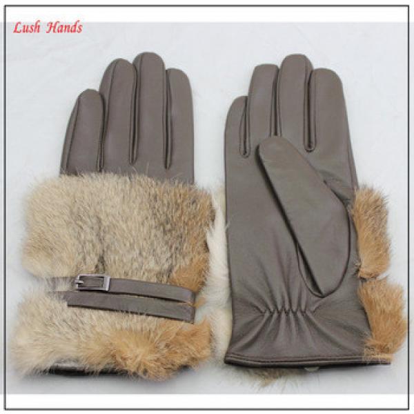 Brown women leather gloves with rabbit fur back #1 image