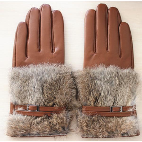 ladies sheepskin leather rabbit fur glove belt fashion lady leather gloves #1 image