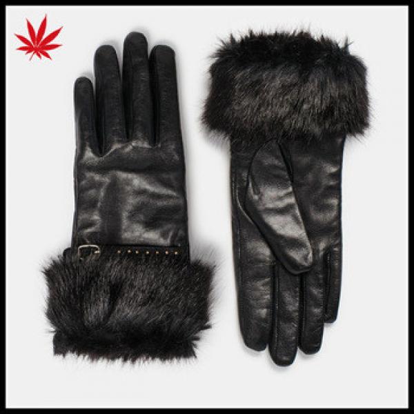 Ladies black leather gloves with belt and rabbit fur cuff #1 image