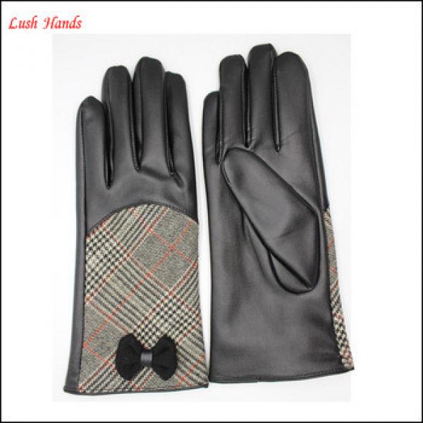 Women&#39;s woolen checker cloth and genuine leather patched gloves with bow #1 image