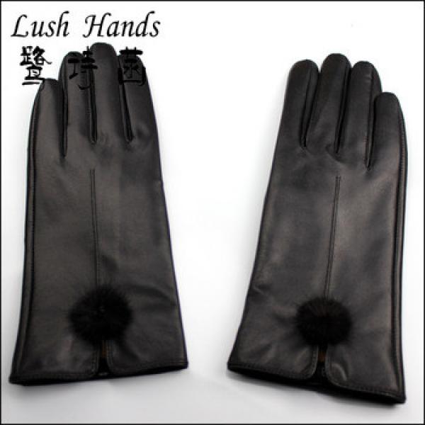 lady&#39;s black genuine leather gloves with black rabbit fur ball #1 image