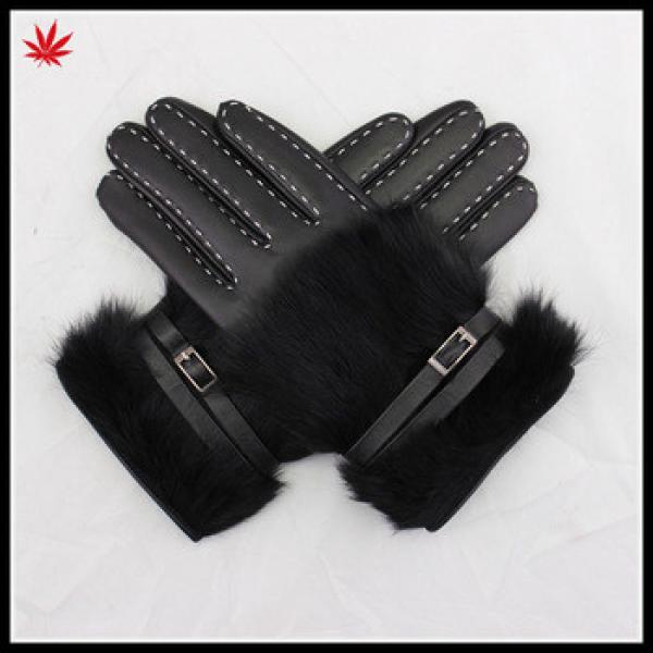rabbit fur cuff gloves fashion style women wearing leather glove #1 image