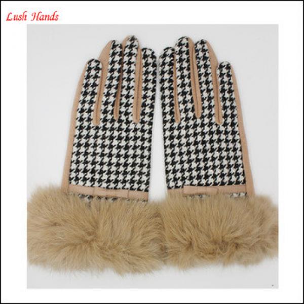 2016 Fashion ladies checked wool gloves with real rabbit fur cuff #1 image