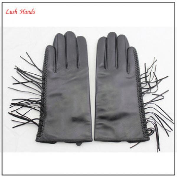 fashion sexy black genuine leather gloves with tassels #1 image