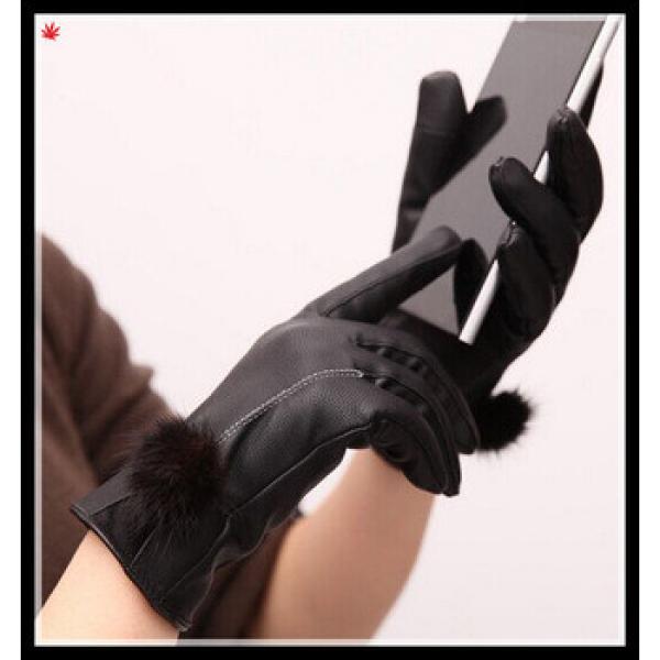 lady&#39;s touch-screen black genuine leather gloves with black rabbit fur ball #1 image