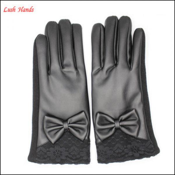 fashion ladies black PU leather gloves black spandex velvet have black lace and bow #1 image
