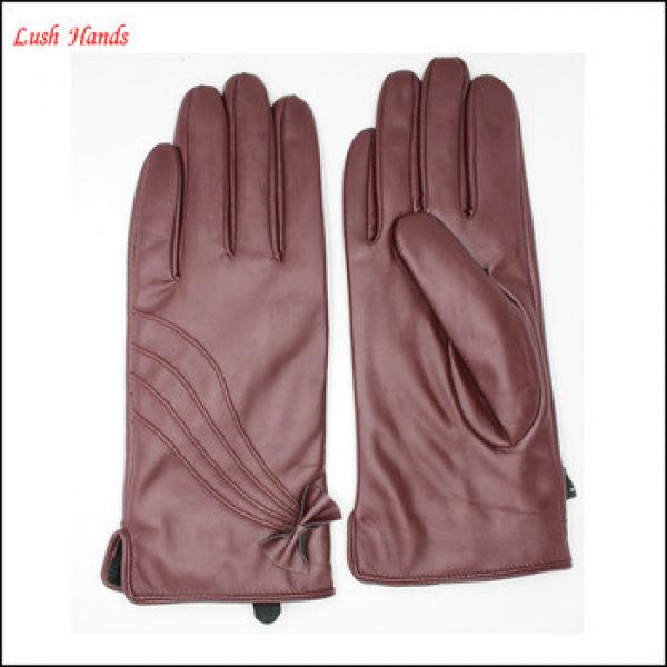 ladies and women&#39;s wine red leather gloves with Quilting and bow back #1 image