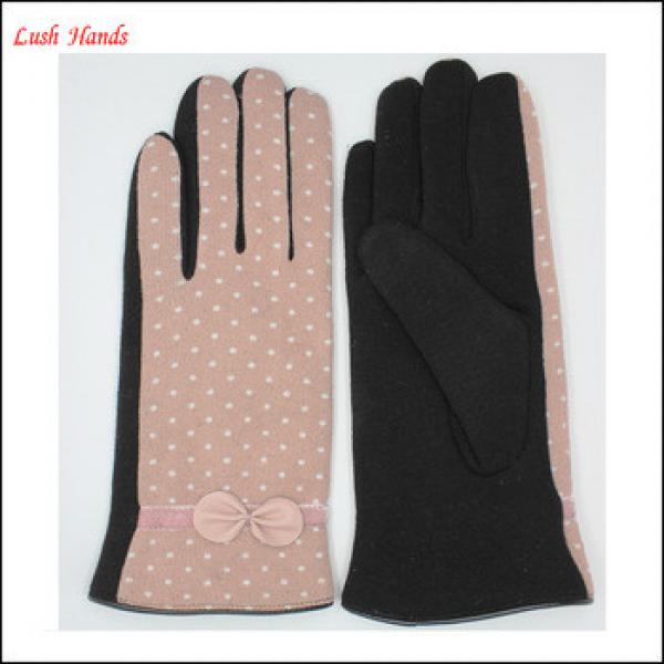 Girls and women&#39;s gloves Beige white fabric and black velvet with pink leather bow #1 image