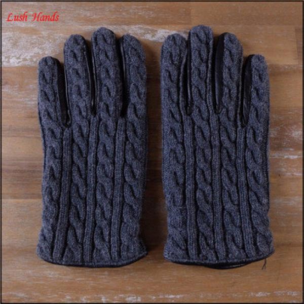 Mens gray black leather gloves with wool blend knit on the back #1 image
