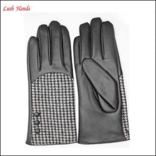 fashion and cheap women&#39;s PU leather and houndstooth fabric joined glove with button #1 image