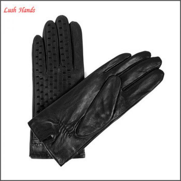 Women Lambskin Leather Holes Design Black Gloves #1 image