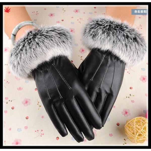 Lady&#39;s genuine rabbit fur cuff sheepskin leather gloves for wholesale #1 image