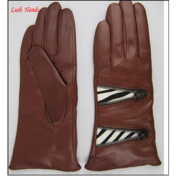 Ladies dr brown leather gloves with metal zipper stich pattern #1 image
