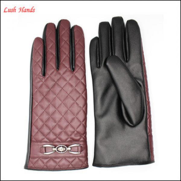 2016 ladies Pu leather glove classic embroidery and metal accessories two tone red and black PU leather gloves design , #1 image